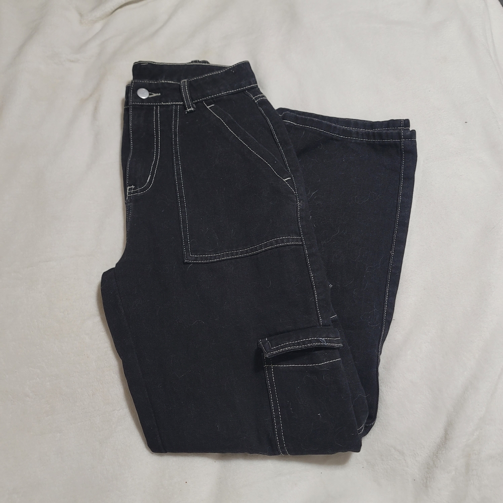 Womens Dark Wash Black Denim Cargo Wide Leg Jeans‎ Sz Small Shein Cotton Blend